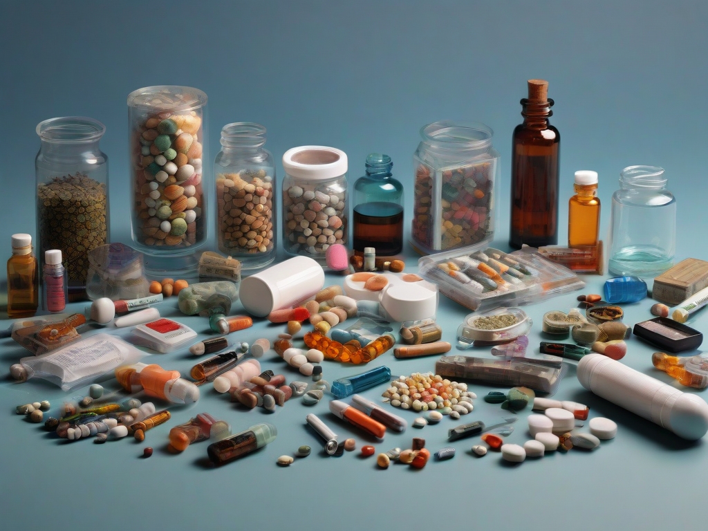 Eine Zusammenstellung unterschiedlicher Drogen und Pillen, einzeln und in Fläschchen und Behältern